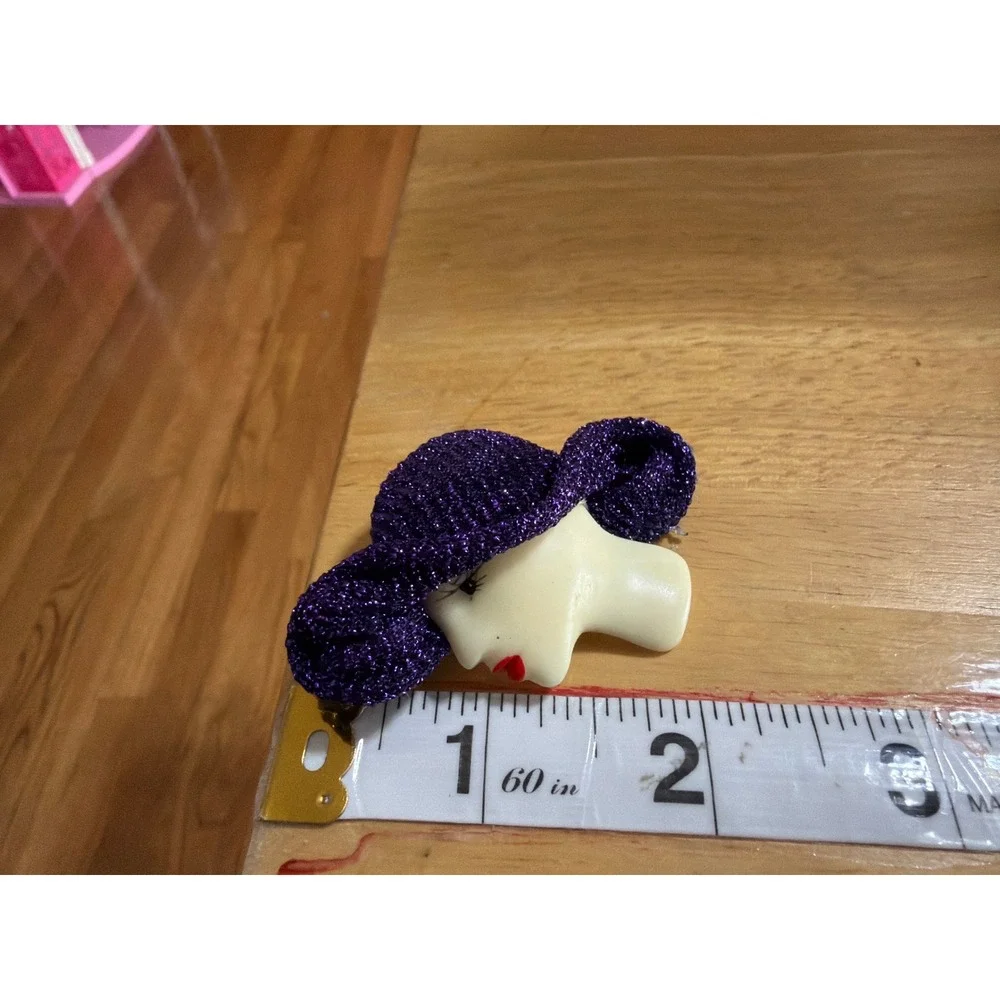 Vintage Style Lady Head Brooch Purple Glitter Hat Profile Pin Retro Glam